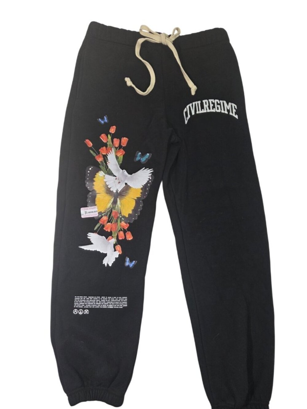 EUC Civil Regime Black More Hope Dove Floral Black Sweatpants Sz L